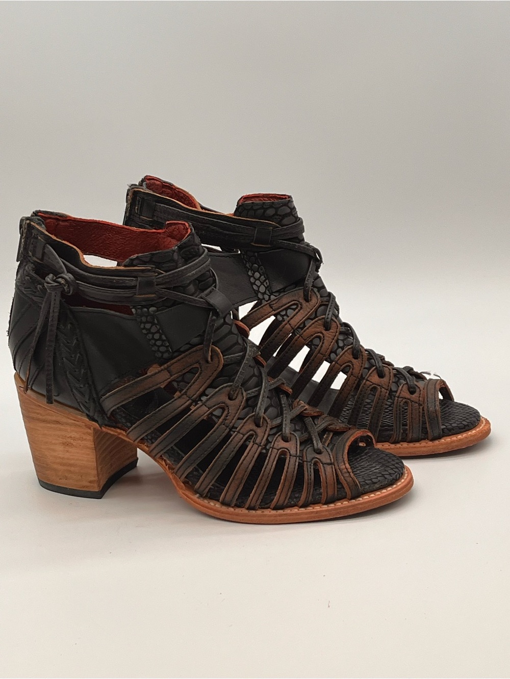 Freebird Wazee Ankle Boots Women's Brown Black Strappy Leather Heeled Distressed